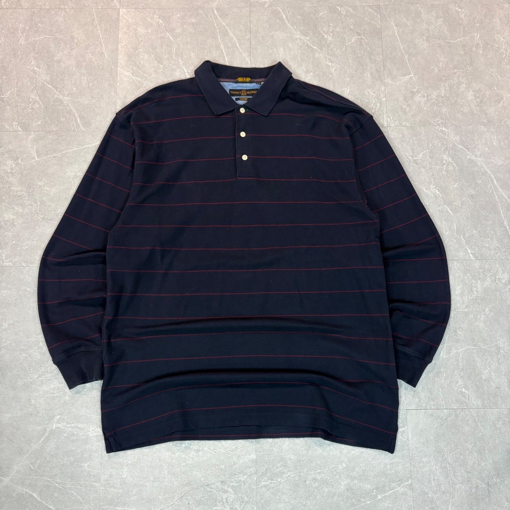 Tommy Hilfiger Golf‎ Mens XL Navy Blue Red Striped Long Sleeve Pima Cotton Polo